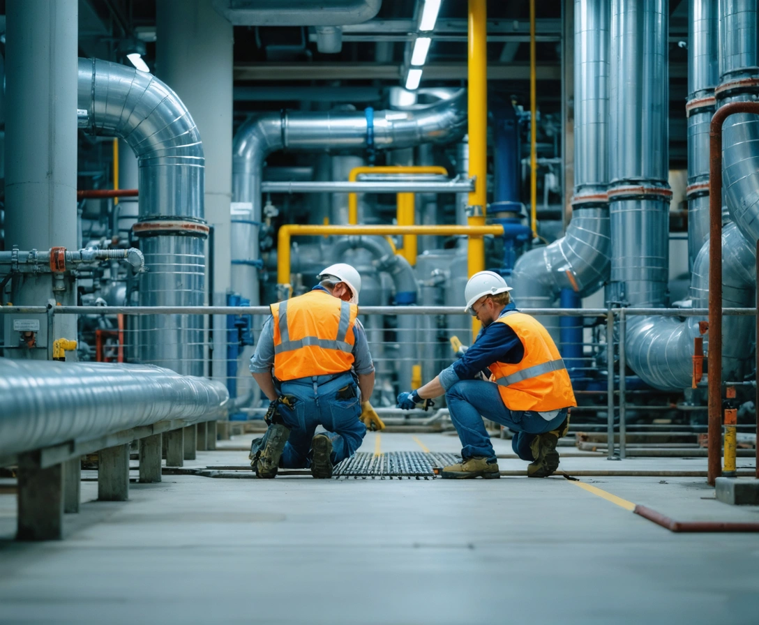 Professional plumbing team installing commercial-grade pipes in a modern building