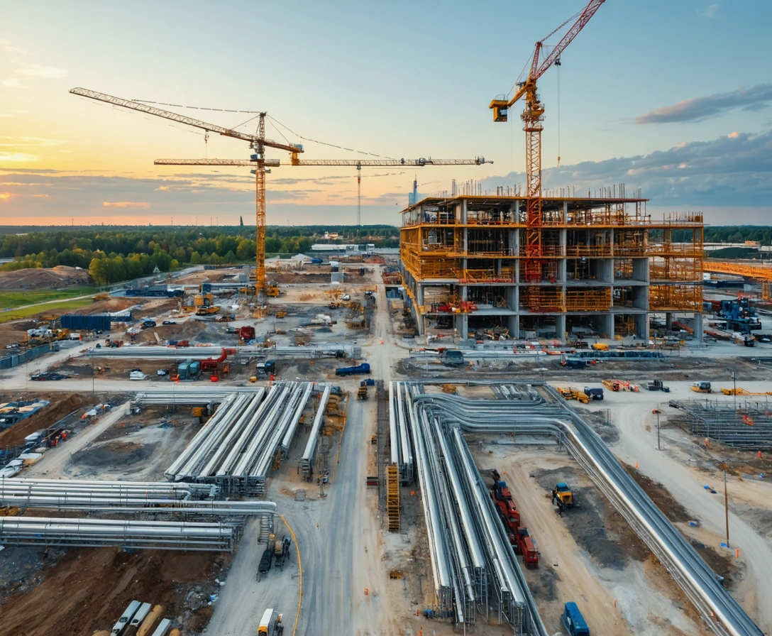 Overhead shot of a commercial construction site with ongoing plumbing work