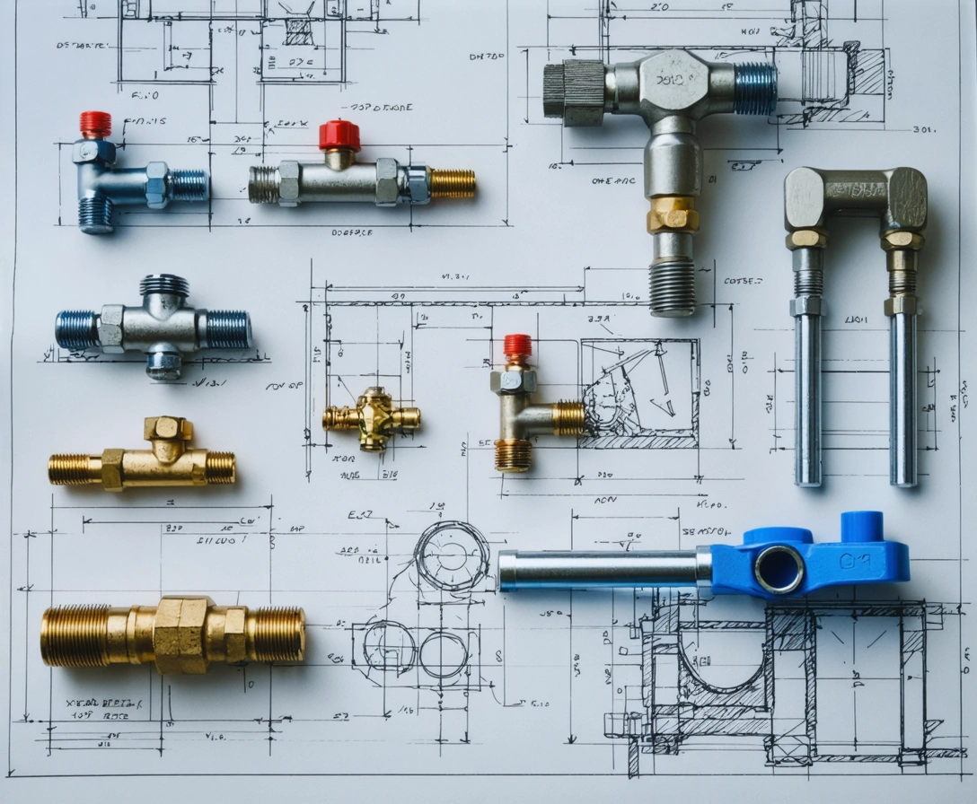 Plumbing tools and fittings arranged on blueprints