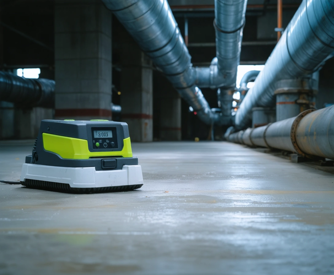 Plumber inspecting pipes beneath a concrete floor using leak detection sensors