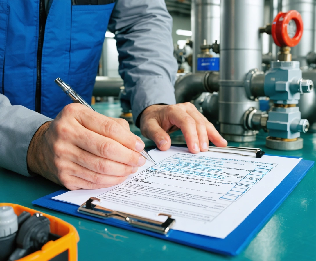 Hands inspecting a checklist on a clipboard near safety equipment