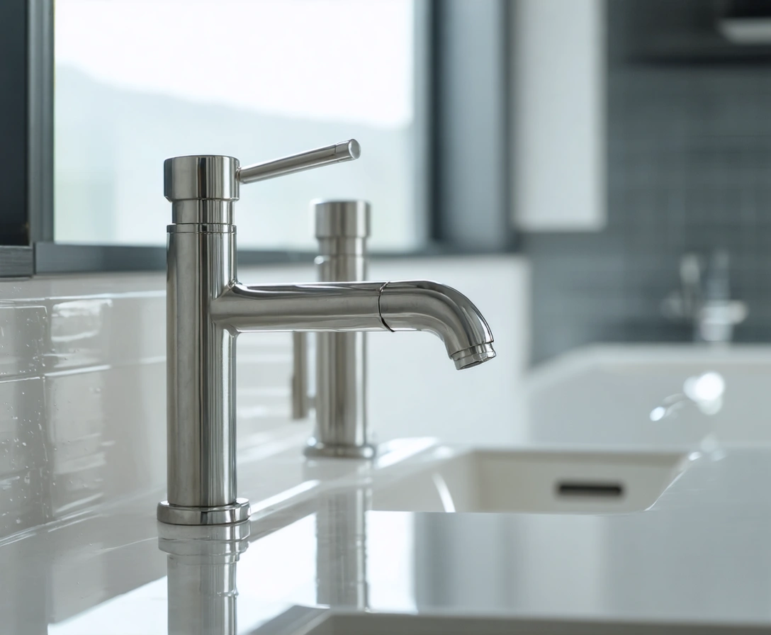 Plumber installing stainless fixtures in a newly remodeled bathroom or kitchen