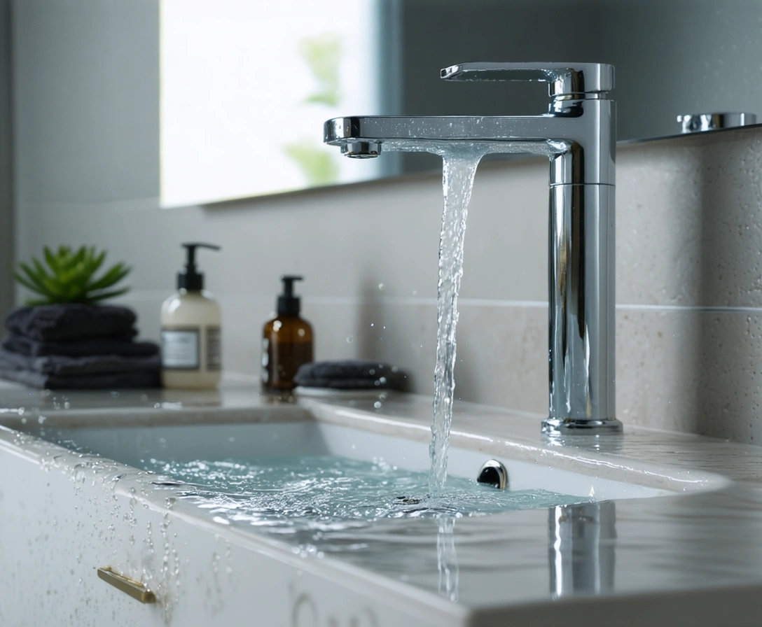 Close-up of a new faucet being installed in a contemporary bathroom