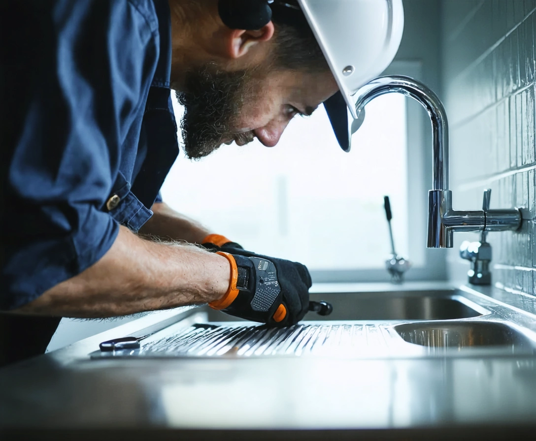 Professional plumber tightening fittings beneath a modern kitchen sink