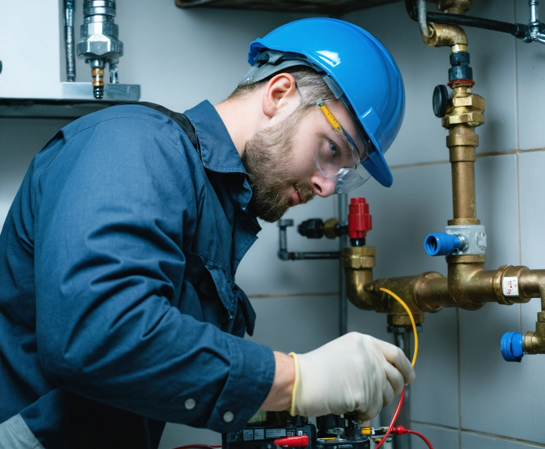 Technician performing a home plumbing inspection with testing equipment