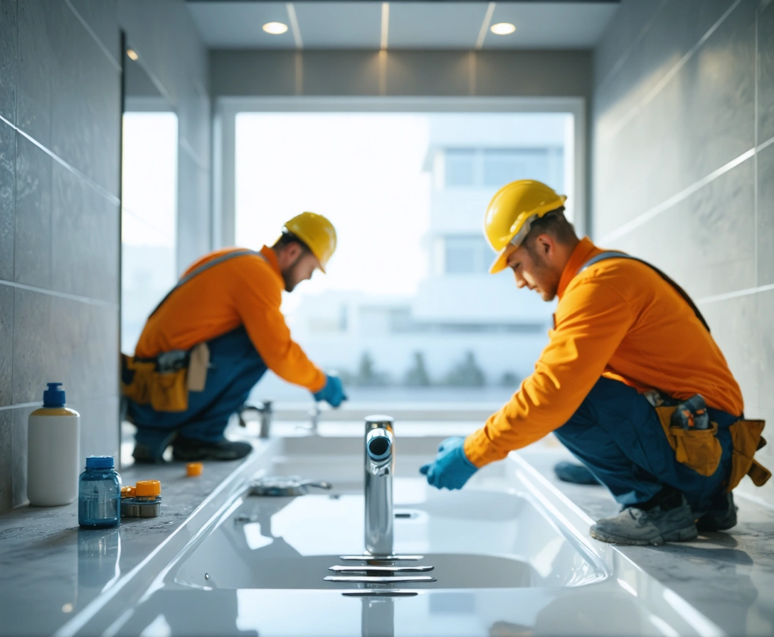 Plumbers replacing pipes during a hotel bathroom renovation