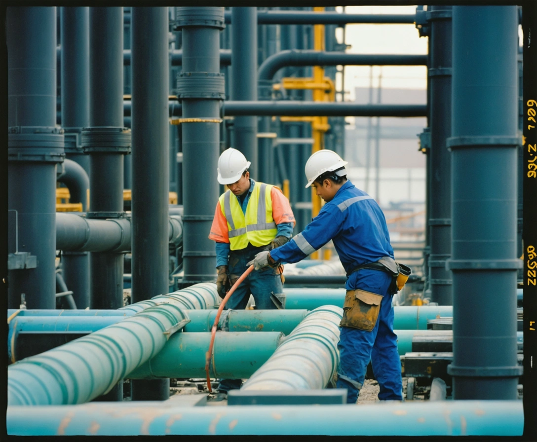Workers handling pipes within architectural details