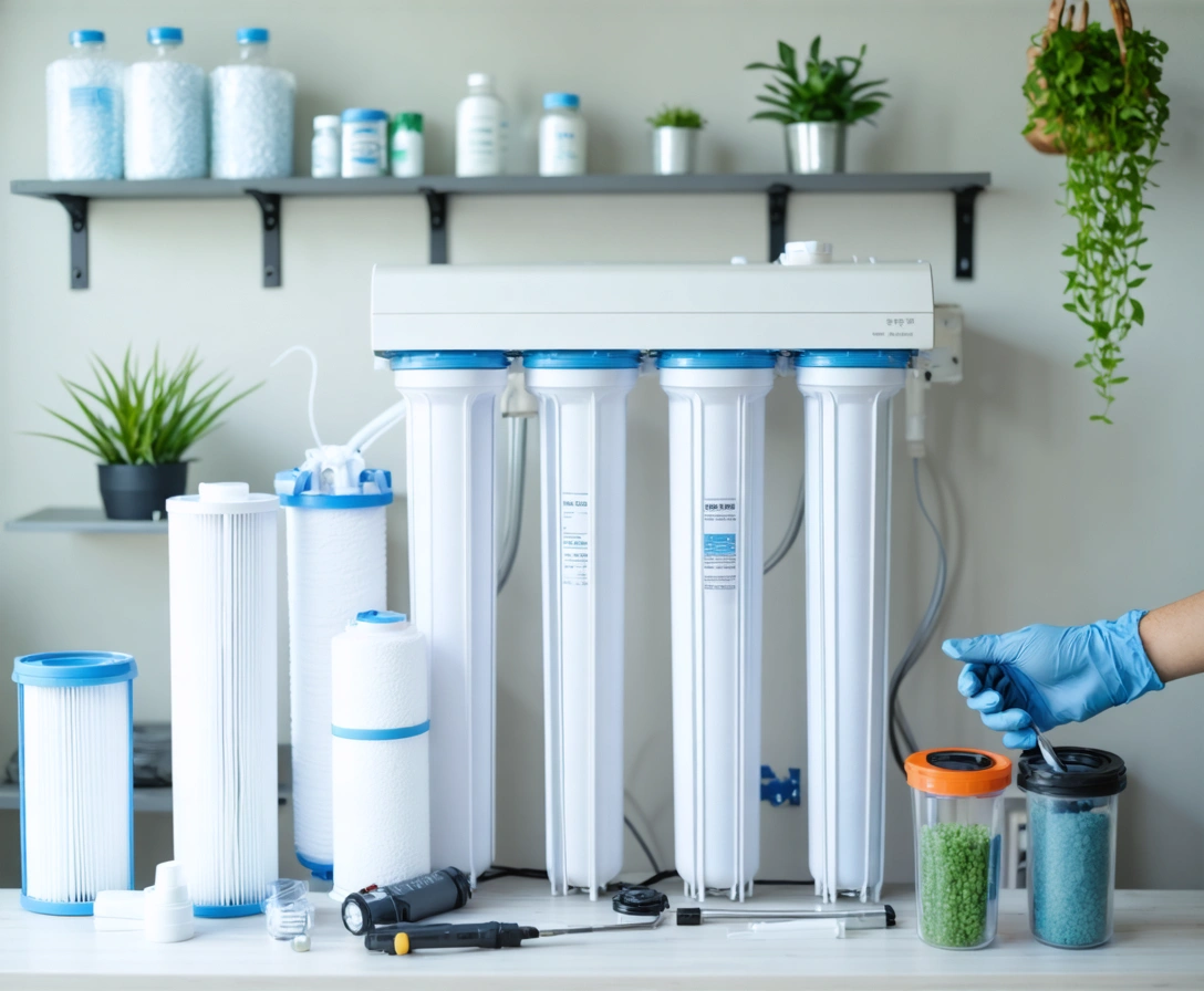 A photo of a plumber performing a filter change on a home filtration system, using gloves and professional tools in