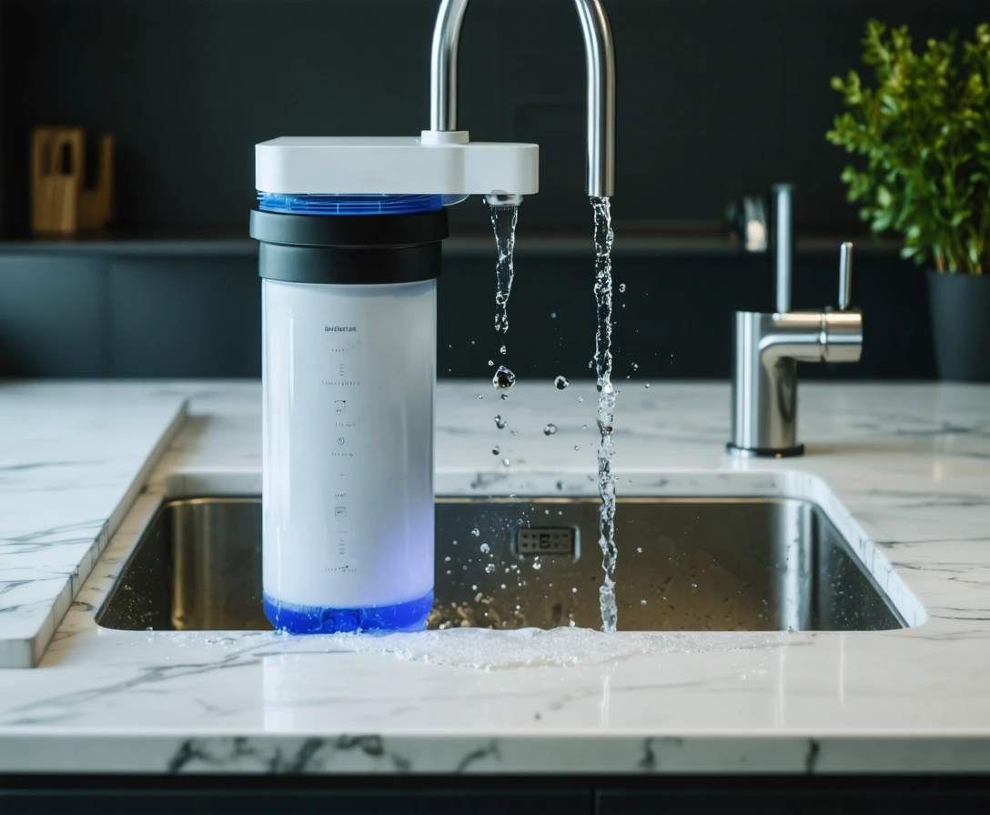Professional water filtration unit installed under a modern kitchen sink
